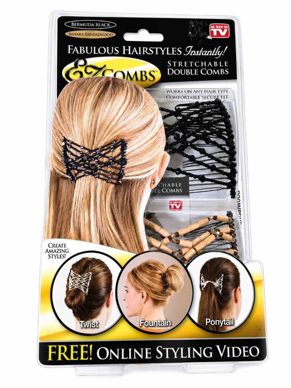 EZCombs Stretchable Double Combs Packaging | French Black Hair Styling Kit